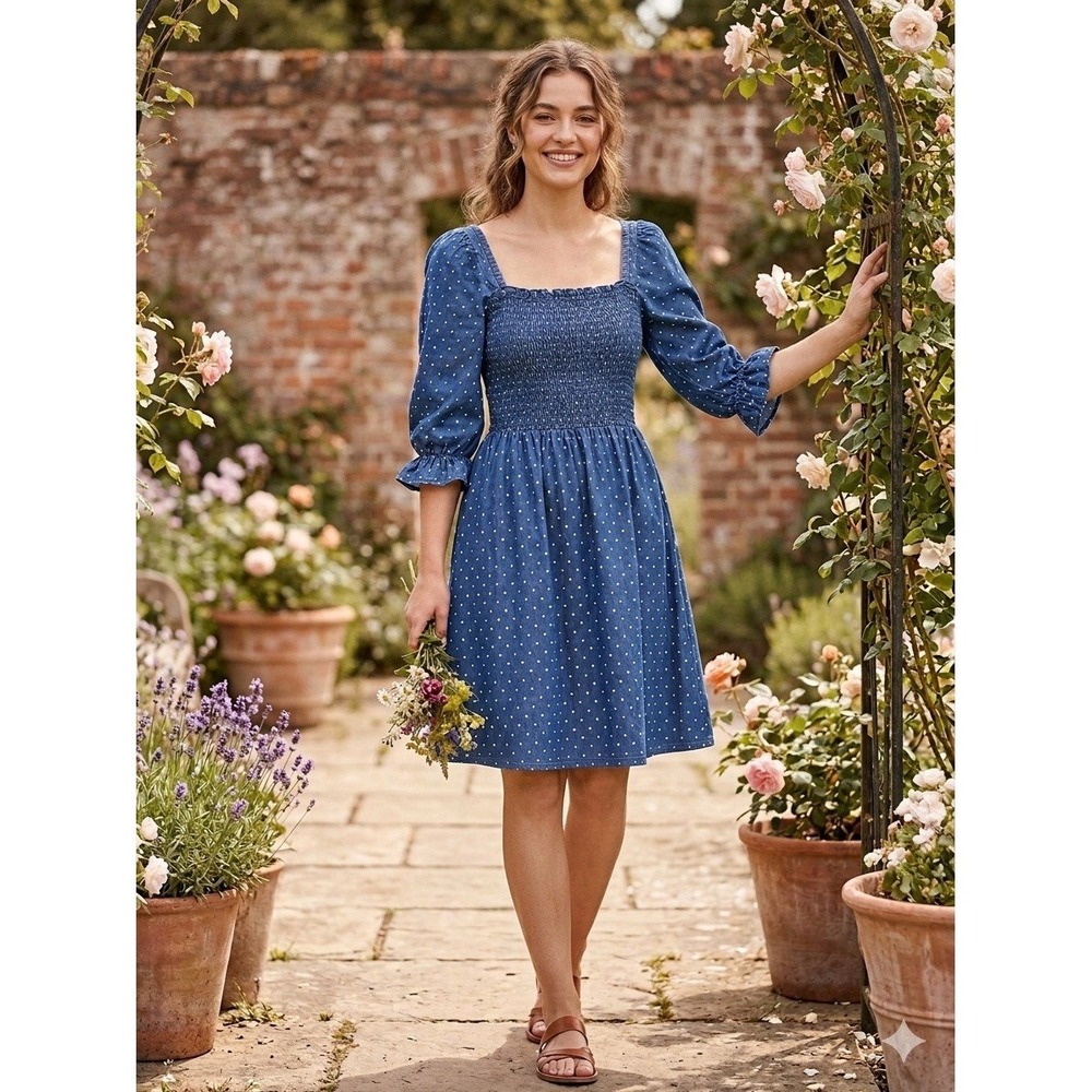 Women's King Road Blue Polka Dot Smocked Square Neck Puff Sleeve Cotton Dress‎ S